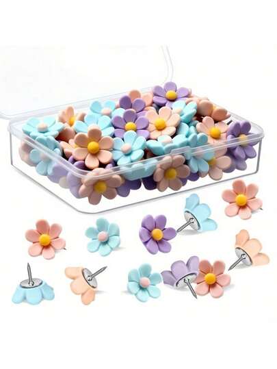 30pcs Colorful Cute Flower Push Pins - Pink, Purple, Green, Sewing, Office - Various Sizes And Shapes, Adorable Thumbtacks