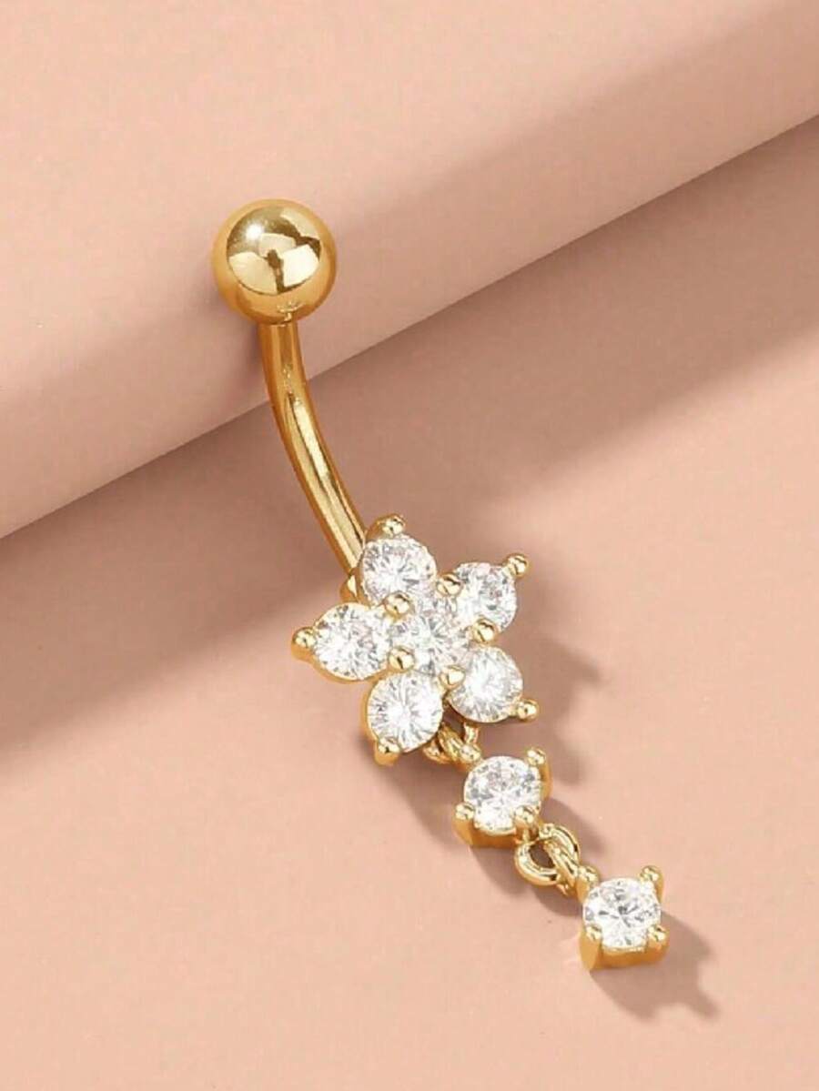 1个不锈钢花形肚脐环,适合日常佩戴 - 金黃色 - 查看 1