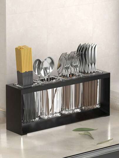 1 chiếc giá đựng dụng cụ nhà bếp bằng nhựa hiện đại có khay hứng nước và hộp đựng, sử dụng kép vừa làm giá để ráo nước vừa làm hộp đựng đồ, giá đựng dao kéo đa chức năng, thích hợp cho phòng ăn và nhà bếp. Hộp đựng đồ nhà bếp, hộp đựng dao kéo, kệ đựng đồ, giá để ráo nước, đồ dùng gia đình