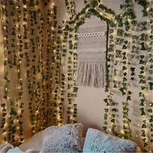 1PC, 90LED Ivy Vine Fairy String Lights Artificial Greenery Garland Leaf Curtain Lights 8 Lighting Modes USB Powered Hanging Plant Lights For Bedroom Wall Garden Patio Wedding Party Christmas Holiday Indoor Outdoor Decor (Without Battery) - LED String Light - 查看 2