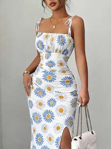 Women's Floral Print Ruched High Slit Tie Front Cami Dress Elegant - Multicolor - View 2