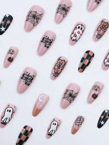 Christmas Nails, 24 Pieces Per Set Almond-Shaped Christmas Pink-White French Tips Adorable Gingerbread Man, Candy Cane, Christmas Tree And Holly Berry Designs Press-On Short Nails Suitable For Sassy Girls, Office Ladies, Parties, Dates And Everyday Wear Perfect For Festive Occasions - 多色-3 - 查看 4