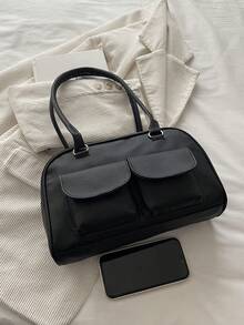 1 Stück minimalistischer Retro Reißverschluss Shopper, dekoriert mit Taschen, Doppelgriffe, geeignet für den täglichen Gebrauch und den Weg zur Arbeit von Frauen - Schwarz - Übersicht 3