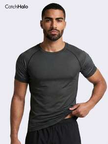 Men's Compression Sports T-Shirt, Quick Dry Breathable Mesh Splice Striped Raglan Sleeve Fitness Training Top - Black - View 3