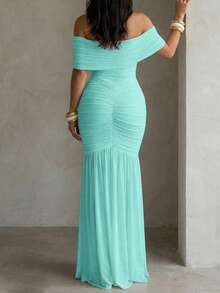 Foldover Off Shoulder Ruched Cinched Waist Minimalist Evening Dress Slim Fit Mermaid Hem Party Dress - Green - View 2