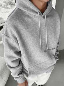 Áo hoodie dài tay in chữ dành cho nam, có túi và dây rút, kiểu dáng thường ngày cho mùa thu/đông. - Xám - Xem 2