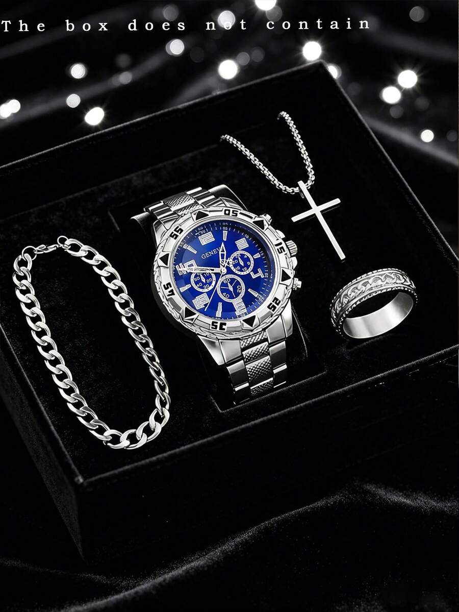 Bộ 4 món đồng hồ nam thời trang công sở, đồng hồ mặt tròn lớn, dây thép không gỉ, máy quartz, bao gồm vòng tay cá nhân hóa, dây chuyền mặt thánh giá và nhẫn, thích hợp làm quà tặng cho nam giới, phù hợp cho các dịp lễ, công sở, tiệc tùng và đeo hàng ngày.