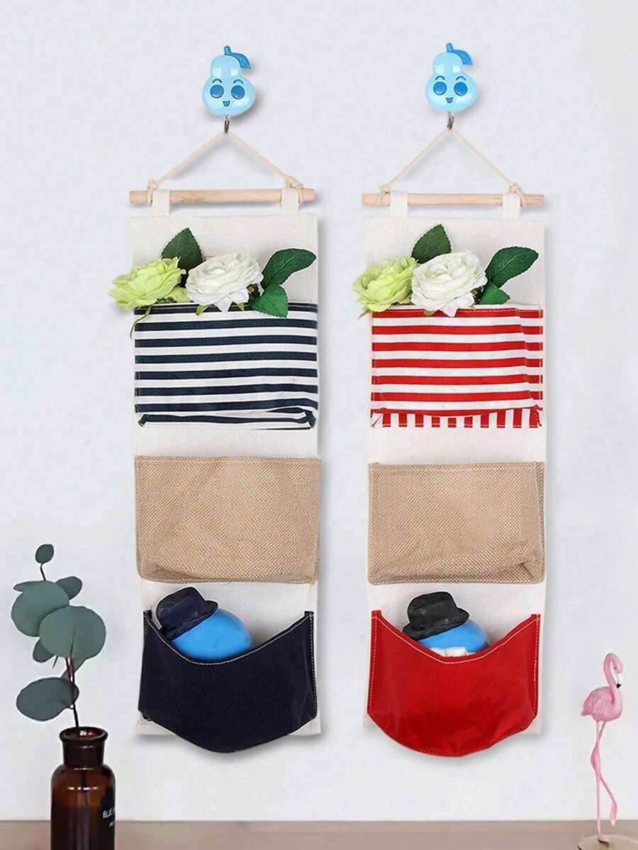 1 pieza Bolsa colgante de 3 bolsillos, organizador multiusos de unicolor y patchwork a rayas, organización y almacenamiento para el hogar, decoración de dormitorio/sala de estar - Multicolor - Ver 1