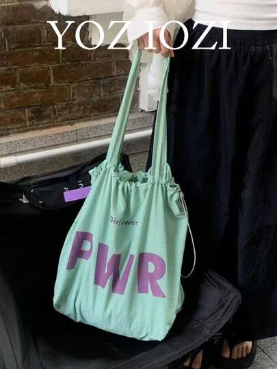 Summer Large Capacity Shoulder Tote Bag, Drawstring Small Niche Design Ins Letter New Casual Commute Outing Daily Shopping Canvas Underarm Tote Bag