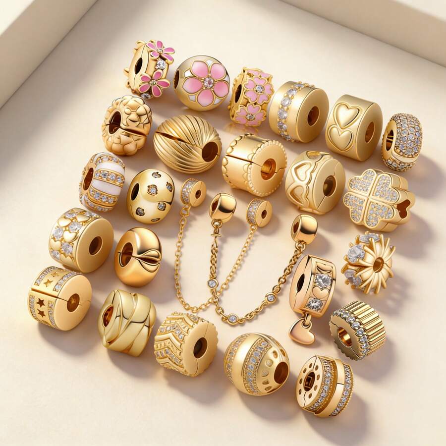 Hạt charm mạ vàng lấp lánh, phù hợp với vòng tay kiểu rắn nguyên bản, dây chuyền để tự làm trang sức bạc 925, quà tặng trang sức cho nữ, con gái. - Vàng - Xem 1