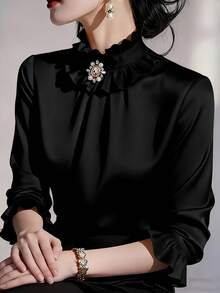 Women's New Black Ruffle High Collar Fashion Rhinestone Decor Button Shirt, Comfortable Silky Satin Long Sleeve Blouse, Elegant Versatile Office Commute Style, Suitable For Party, Outing, Spring/Summer/Autumn, Machine Washable, Solid Color Floral Collar Trim Daily Wear - Black - View 1