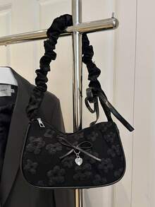 Tas Bahu Motif Botani Baru Warna Polos yang Modis dan Serbaguna, Tas Persegi Kecil Baguette Minimalis Kasual untuk Wanita - Hitam - View 10