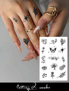 STARTTOOS Tatuajes temporales de línea fina para dedo, oreja, hombro, cuello, clavícula con diseños de flores, mariposas y notas musicales estilo Y2K, a prueba de agua por 1-2 semanas - Azul - Ver 1