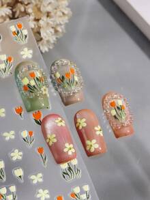 3D 春季花朵美甲贴纸，彩色郁金香、白色百合、叶子，自粘式花卉美甲贴花，Y2K 几何线条花卉美甲装饰，女性及美甲师 DIY 美甲用品 - 彩色 - 查看 5