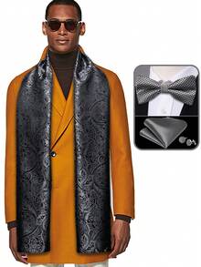 Bộ 4 món cao cấp, sang trọng với họa tiết nhiệt đới màu xám gồm khăn choàng cổ, nơ cài áo và khuy măng sét, thích hợp cho dạ hội và tiệc tối. - Xám - Xem 1