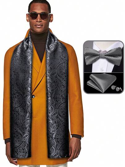 Bộ 4 món cao cấp, sang trọng với họa tiết nhiệt đới màu xám gồm khăn choàng cổ, nơ cài áo và khuy măng sét, thích hợp cho dạ hội và tiệc tối.