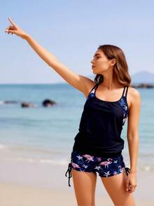 Women's Sleeveless Spaghetti Strap Boho Drawstring Tankini Swimsuit Set With Flamingo Print Shorts - màu đen - Xem 2