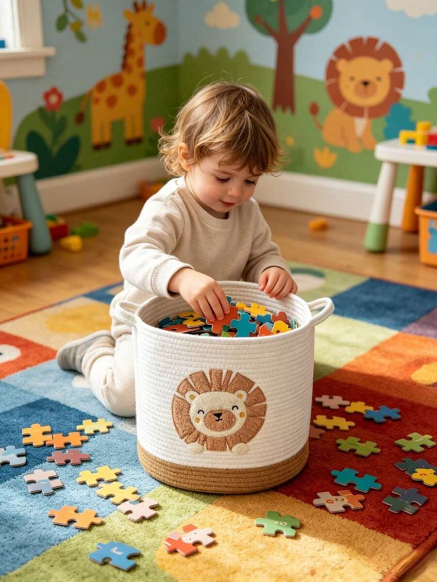 3 Color Options: Green Dinosaur/Floral Lion/Orange Rainbow Pattern Kids Storage Basket, Large Capacity To Store Multiple Children's Items - Multicolor - View 1