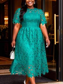 Plus Size Women's Green Lace Floral Hollow-Out Elegant A-Line Dress, Suitable For Party And Wedding Spring - Green - View 3