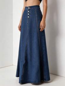 Cyscratia Women's Solid Color Casual Denim Long Skirt, Simple Daily Wear Denim Maxi Skirt - Màu xanh đậm - Xem 5