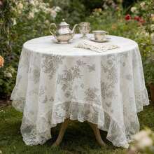 1pc French Floral Lace & Jacquard Tablecloth, Vintage American Ruffled Square/Round Tablecloth For Dessert Stands, Tea Tables, Wedding Decor, Garden Patio, Family Dining, Outdoor Picnic Curtain - 白色 2 - 查看 13