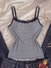 Women's Striped Knit Camisole, Contrast Lace Spaghetti Strap, Semi-Sheer Medium Stretch Summer Tank Top - Navy Blue - View 1