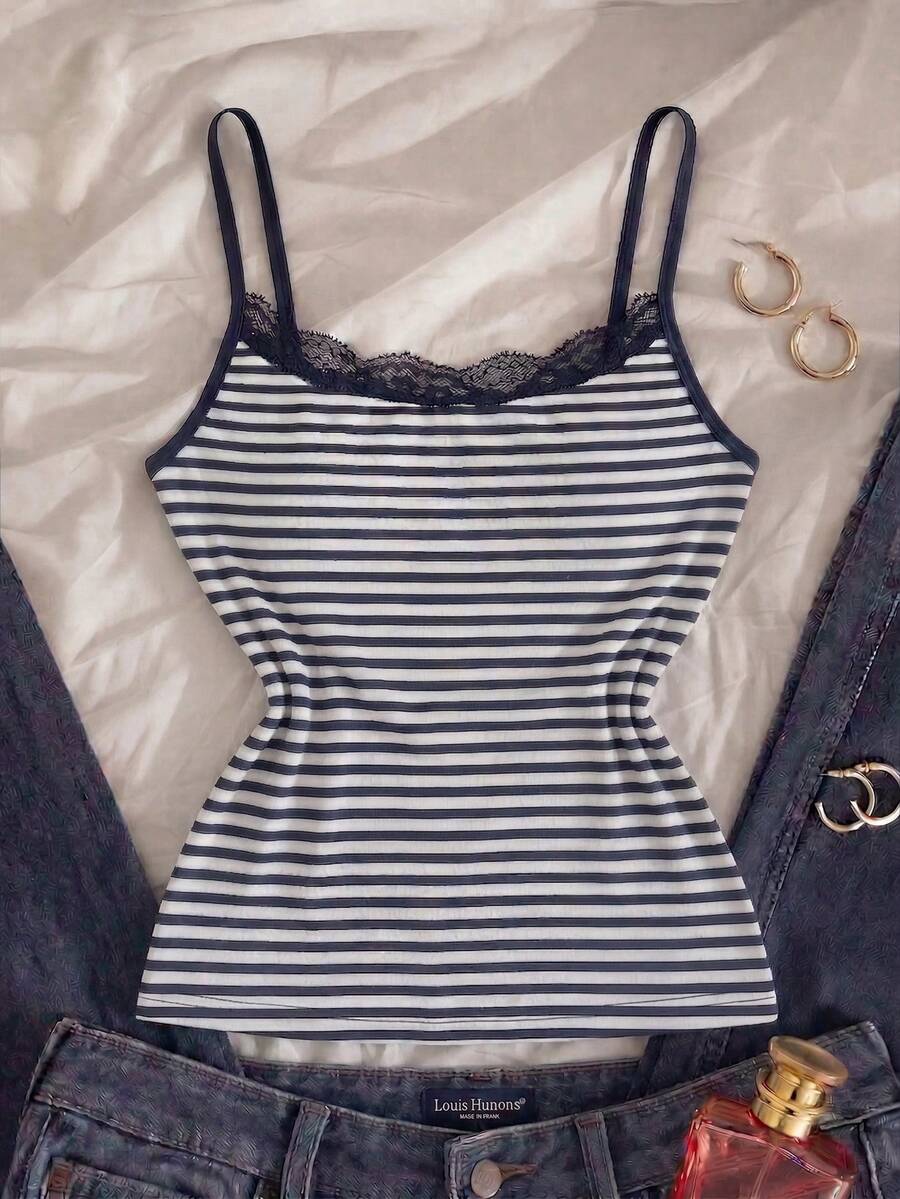 Women's Striped Knit Camisole, Contrast Lace Spaghetti Strap, Semi-Sheer Medium Stretch Summer Tank Top - Navy Blue - View 1