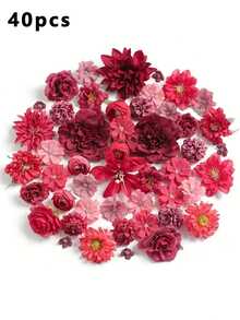 20/40pcs Artificial Flower Material Pack, Silk Flower DIY Headpiece, Wreath, Wedding Decor (Flowers Shipped Randomly) - Red Series - View 10