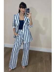 Women's Plus Size Set: Blazer And Wide Leg Pants, Linen Fabric - 藍色條紋 - 查看 1