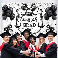 Coquette Felicidades Grad telón de fondo negro arco 2025 fotografía de graduación, fondo coqueta, clase temática de fiesta de graduación 2025, globo para fotos de corazón, 6 x 4 pies - 8x6 pies - Ver 5