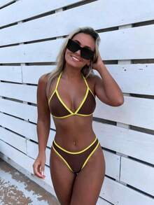 2026 Wiosna/Lato Damski Zestaw Bikini z Odkrytymi Plecami w Kolorze Kawy i Żółtym Wykończeniem, Romantyczny, Unikalny Design, Odpowiedni Na Wiosenne Wakacje, Wypady Na Plażę, Podróże Na Co Dzień, Idealny Na Imprezę Przy Basenie, Wakacje Na Plaży I Spotkania - Kawowy brązowy - Zobacz 2