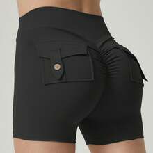 Pantalones cortos deportivos de unicolor para mujer con bolsillos, color negro - Negro - Ver 2