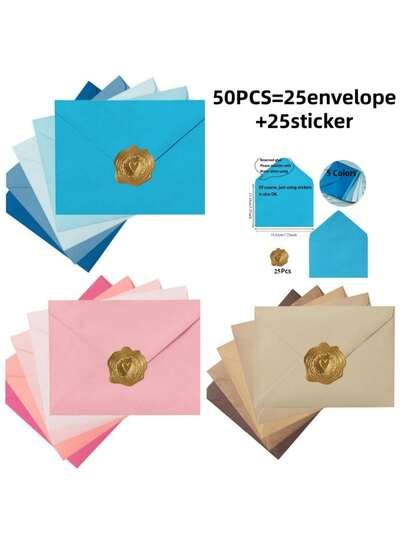 50pcs Set - 25pcs A7 Colored Envelopes + 25pcs Gold Stickers, Wedding Party Invitation Cards, Folding Thank You Cards, Foil Heart Sealing Stickers
