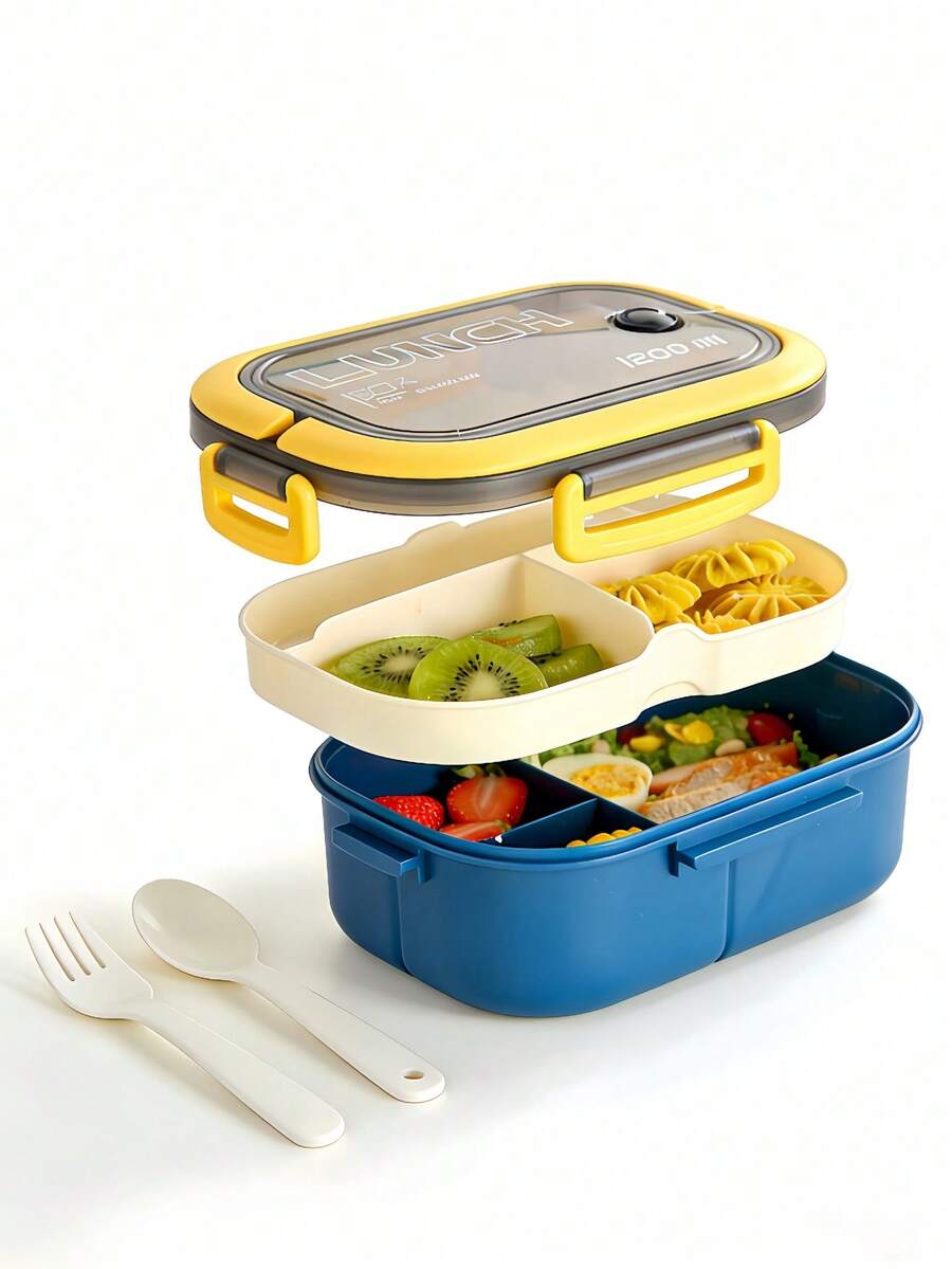 1pc Double-Layer Lunch Box With Utensils, Bento Box With Spoon And Fork, Microwave Lunch Box, Insulated Lunch Bag, 3-Compartment Food Storage Container Set - Multicolor - View 1