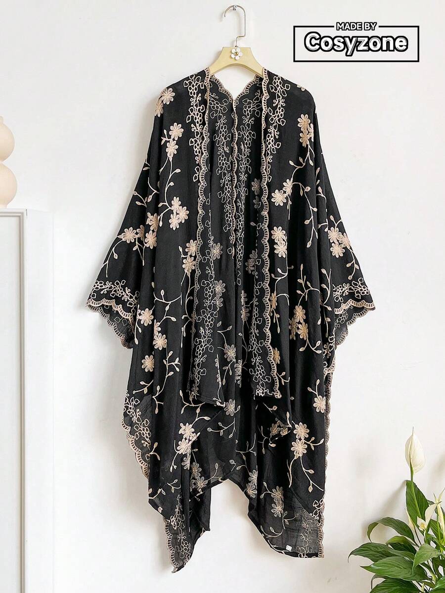 一件优雅花卉图案波西米亚风刺绣和服/纱笼,女士春夏沙滩罩衫,轻盈披肩,百搭时尚配饰,奢华礼品,旅行必备,假日佳品 - 黑色 - 查看 1