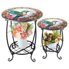 Cinnvoice - Mesa auxiliar para exteriores 2 unidades 30 5 cm y 40 6 cm diseño de mosaico redondo para interiores planta de metal mesa de té para patio porche jardín patio sala de estar 12 y - Multi colorido - Ver 2