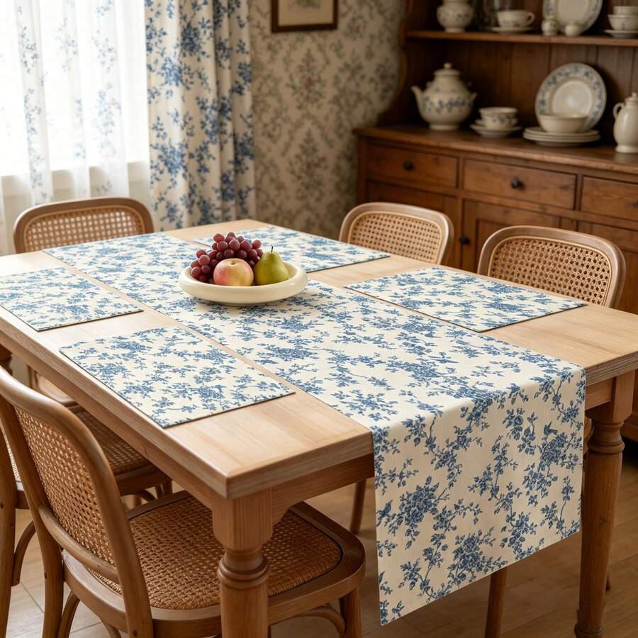 1 pieza Camino de mesa estilo bohemio con impresión retro de rosa azul, hecho de poliéster, camino de mesa rectangular con flores azules en estilo bohemio, mantel individual de tela, decoración de mesa de cocina vintage y estacional, adecuado para decoración del hogar y fiestas - Azul - Ver 1