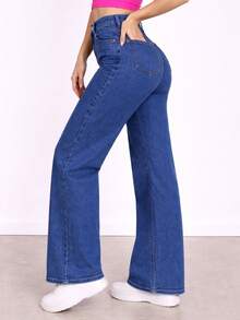 Women's Dark Blue Wide Leg Jeans, High Waist, Palazzo Style - 寶藍色 - 查看 3