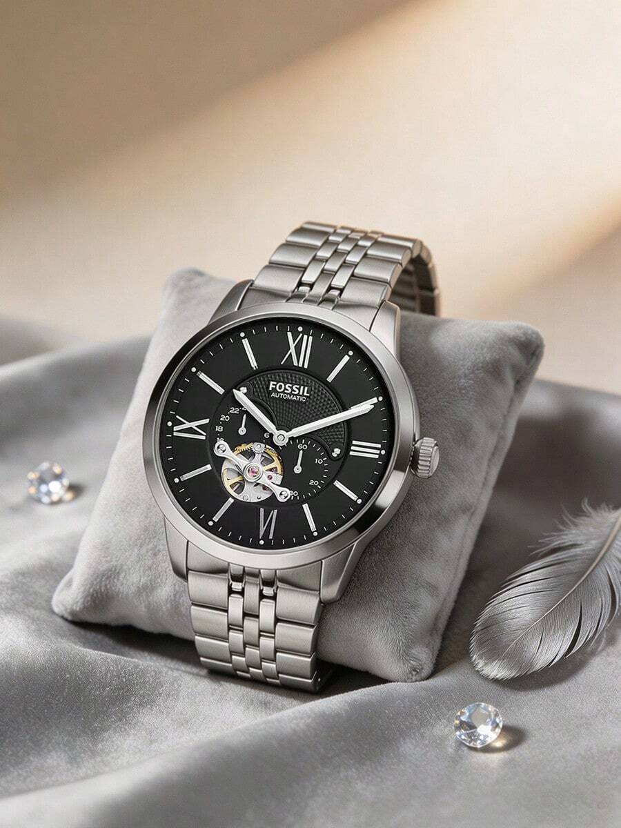Đồng hồ nam FOSSIL, dòng Hardcore màu bạc, máy cơ tự động cao cấp, mặt số lộ máy, dây đeo thép không gỉ 5 mắt xích thân thiện với da, lựa chọn hoàn hảo cho Ngày của Cha, Doanh nhân, Kỷ niệm, Thành đạt, Đồng hồ thiết kế mặt số lớn với họa tiết cơ khí, Chống nước 50M - ME3107 - màu đen - Xem 1