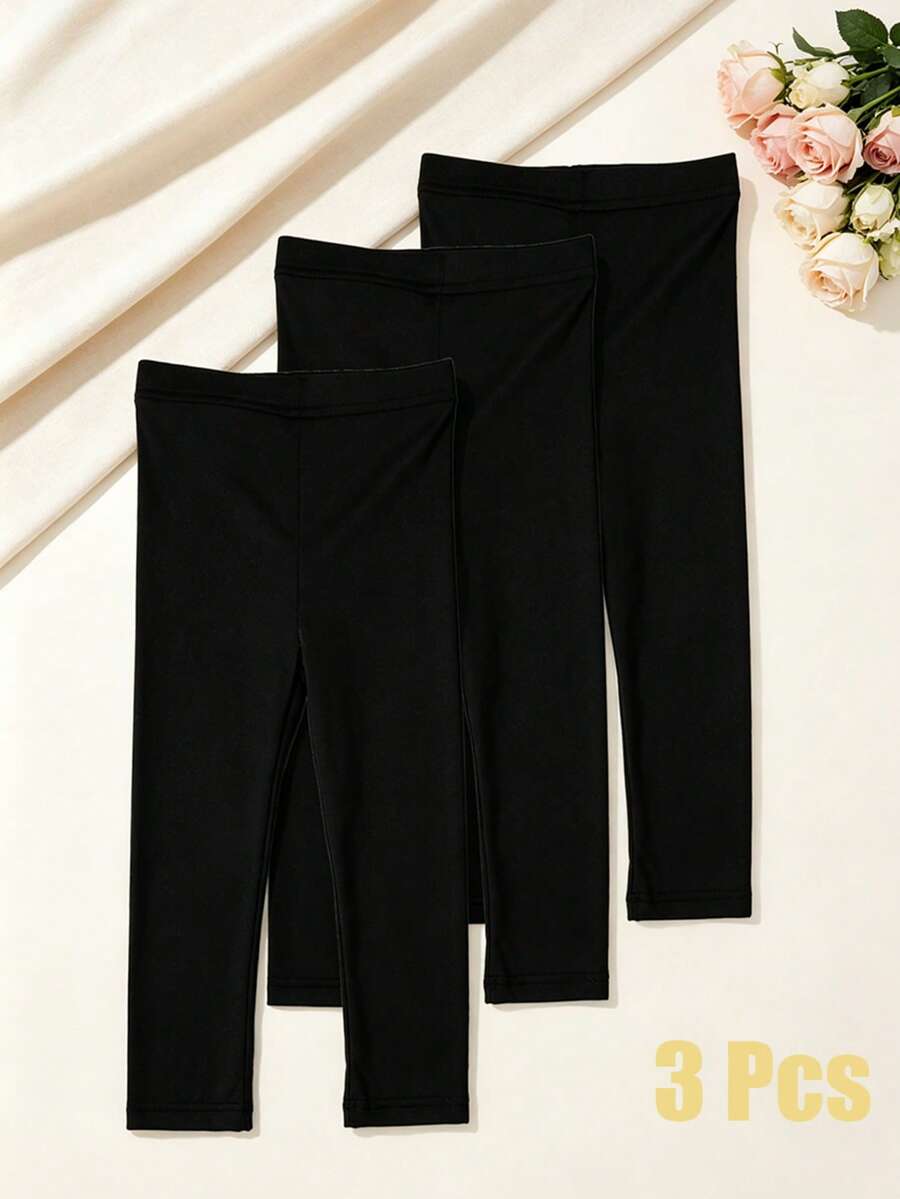3pcs/Pack Solid Color Leggings, Soft & Comfortable All-Match Versatile, Suitable For Spring & Autumn - Black - View 1