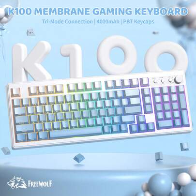 ATTACK SHARK K100 99键无线游戏薄膜键盘，带媒体旋钮，支持蓝牙/2.4GHz/USB-C三模式连接，侧印按键，RGB背光，复古可爱奶油色静音电脑键盘，适用于PC