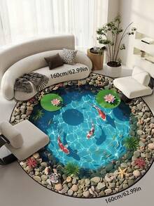 1pc Realistic 3D Water Ripple Koi Pond Circular Carpet, New Chinese Style Lotus Pond Moonlight Healing Home Decor Mat, Suitable For Game Room/Bedroom/Living Room/Kitchen, Great Gift For Partner, Friends, Family - Multicolor - View 14