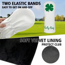 Housse de tête de club de golf à trèfle à quatre feuilles porte-bonheur, base blanche avec broderie contrastée verte, convient pour le driver/bois de parcours/hybride, design avec slogan porte-bonheur, porte chance - Blanc - Voir 10
