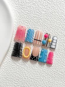 10Pcs Cool And Edgy Design Style Handmade Nail Art Set,Unghie Press On,Stripes, Polka Dots And Hand Molded Colorful Spheres Nail Art Decorations,Pink, Blue, White, Black And Yellow Nail Polish,Fresh And Stylish,Comes With Nail Tools(1 Sheets Jelly Stickers+1PC Nail File)3 Sizes Available,Almond Nails, Duck Nails,Coffin Nails,Suitable For Reunion,Daily,Party,Photograph,Play,Spring Summer,Commute Supplies Nails - 彩色 - 查看 13