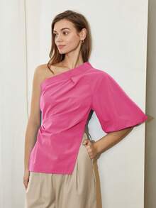 Summer Fashion Solid Color Side Slit One Shoulder Blouse Pink - Pink - View 5