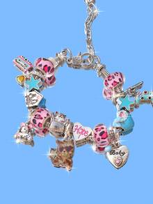 1 chiếc vòng tay mặt dây chuyền hình chú cún báo hồng, vòng tay họa tiết báo sao thời trang, vòng tay tự làm hình chú cún tai nghe nhạc disco, vòng tay hình trái tim cổ điển. - Bạc - Xem 2