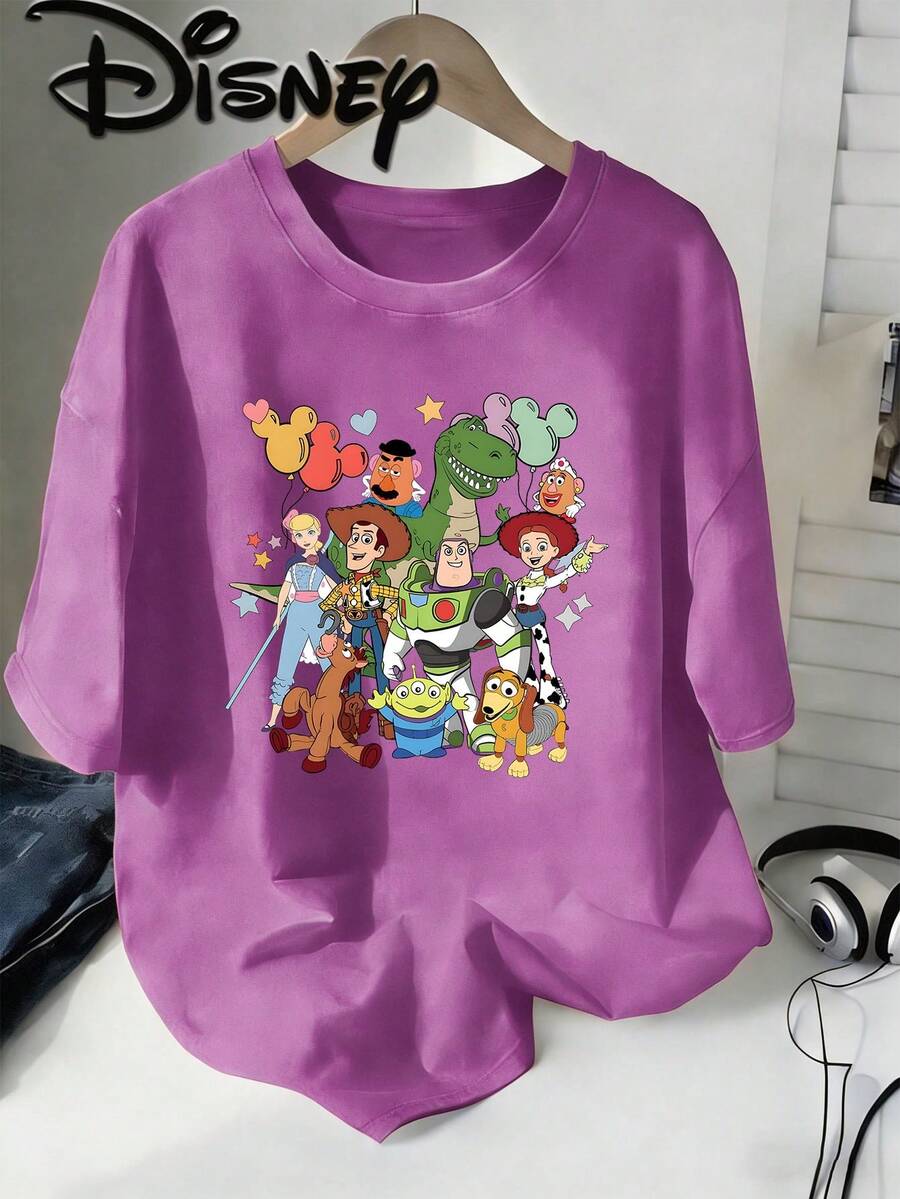 Disney  Toy Story All Characters Balloon Vintage Washed Black Oversized Cotton T-Shirt, Extra Large Baggy Fit Tee For Kids & Adults, Disney Fans Casual Top - 紫色 - 查看 1