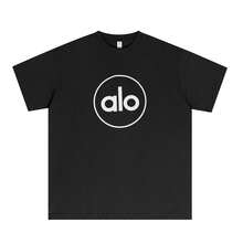 Alo Yoga Circle Letter Print Short-Sleeve T-Shirt, Heavyweight Pure Cotton, Loose Fit, Drop Shoulders, Unisex, Black - Xem 9