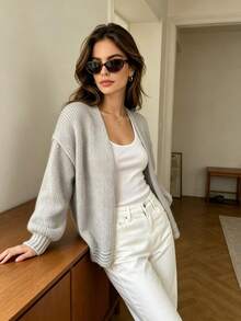Suéter de punto de canalé grueso de unicolor para mujer, elegante y de moda con mangas farol, prenda de punto de estilo francés para uso diario y de oficina en otoño/invierno, una pieza esencial y sencilla para capas - Gris Claro - Ver 3