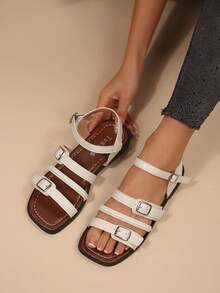 Nya retro romerska sandaler med fyrkantig tå för kvinnor, justerbara med flera remmar, mångsidiga för pendling, semester och fritidskläder - Vitt - Visa 3